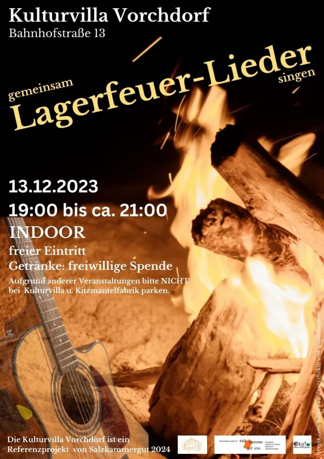 Lagerfeuer und Gitarre mit Veranstaltungshinweisen