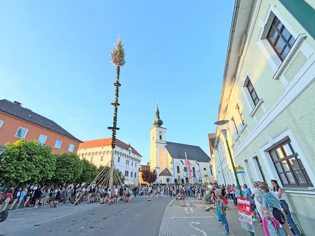 Maibaum 2025 in Vorchdorf per Hand gesetzt Maibaum 2025 in Vorchdorf per Hand gesetzt