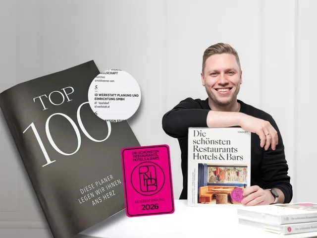 id Werkstatt Geschäftsführer Moritz Reisenberger freut sich über Platz 5 der besten Gastroplaner und drei prämierte Projekten im neuen Callwey-Führer 2026. (Foto: Akkurat Identity)